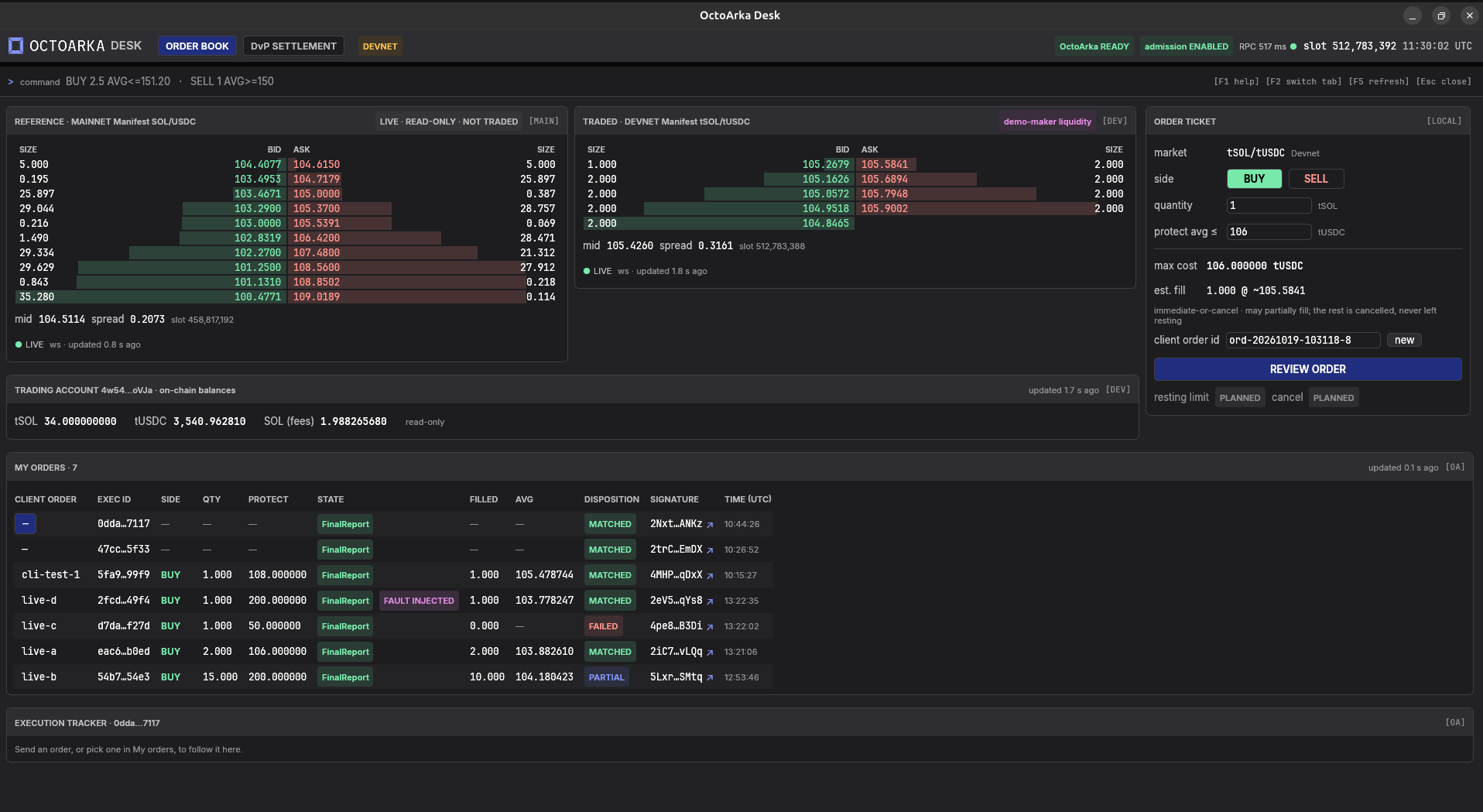 Octoarka Desk: order book and execution tracker